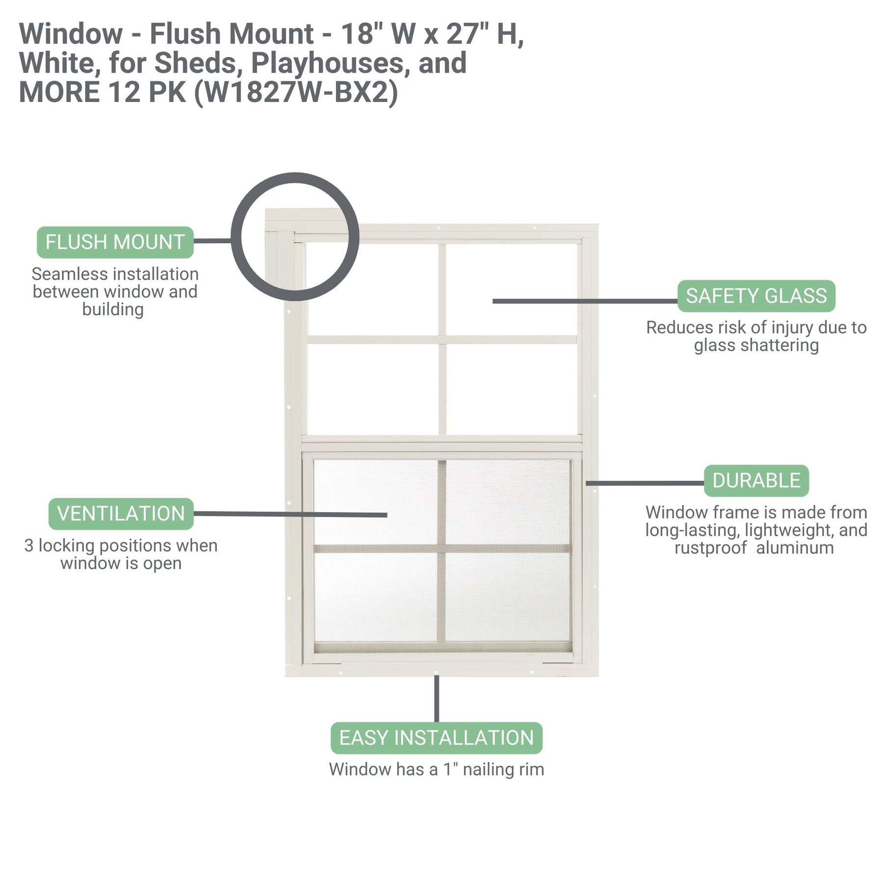 18" W x 27" H Flush Mount Shed Window, 2 PK