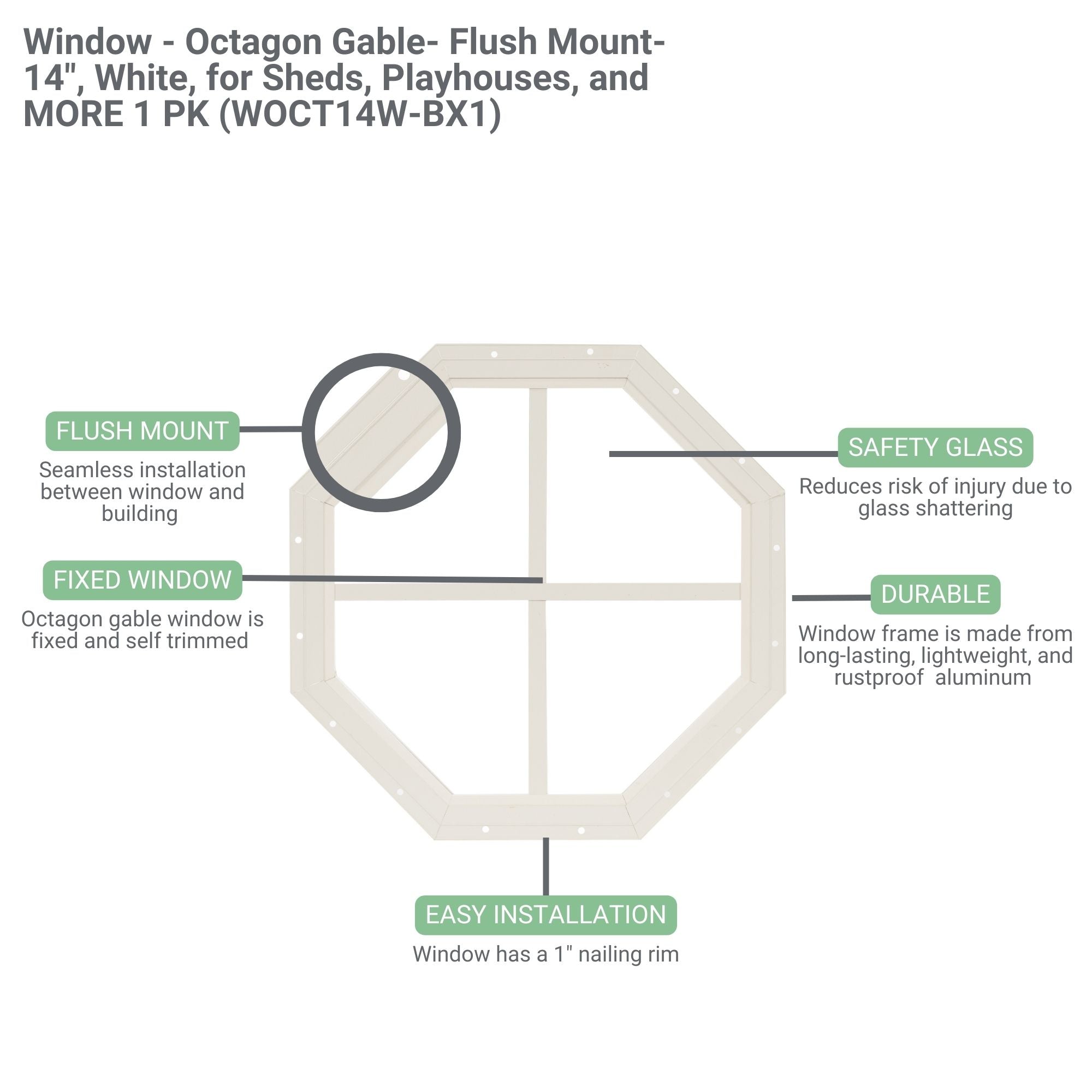 14" Octagon Gable Flush Mount Shed Window