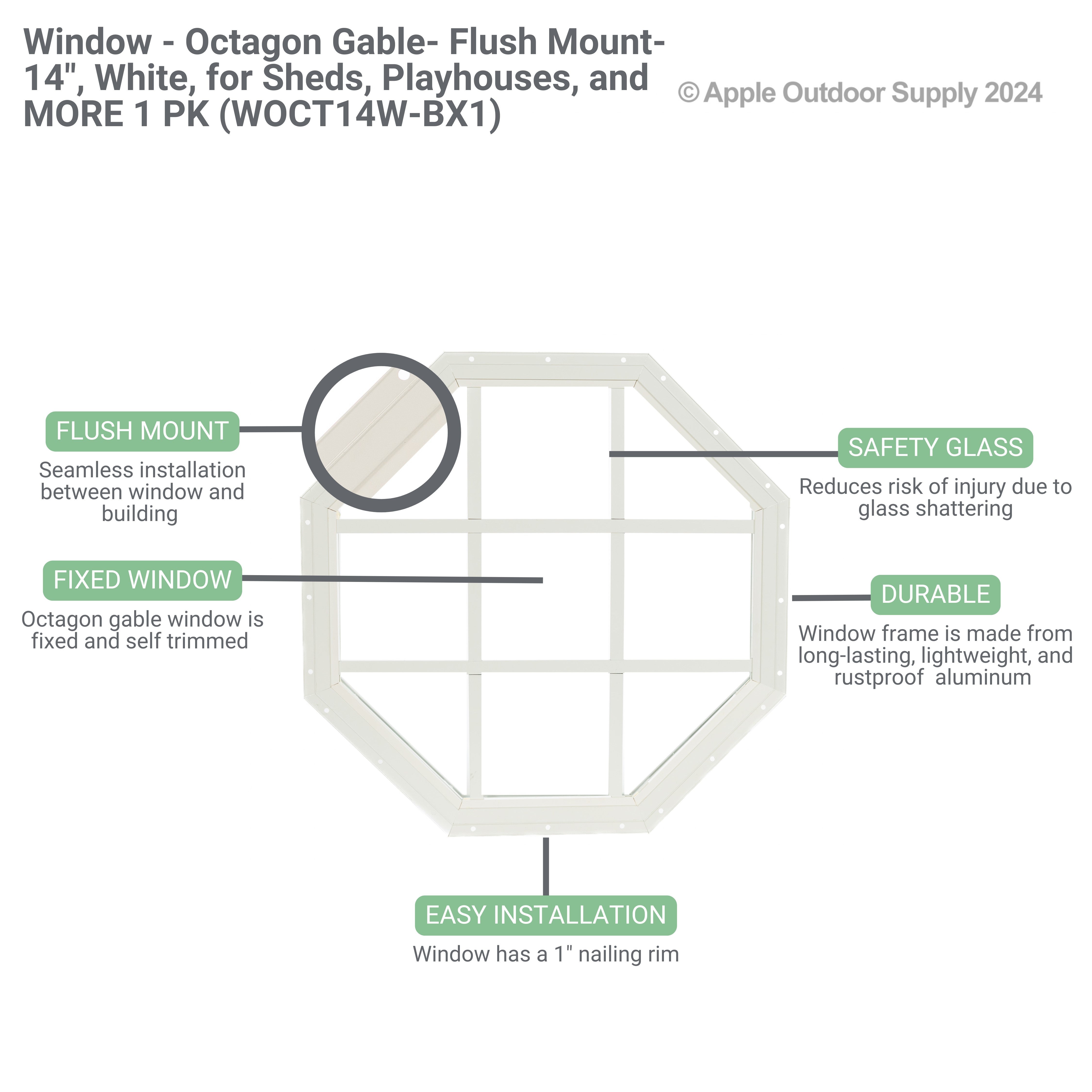 14" Octagon Gable Flush Mount White Window for Sheds, Playhouses, and MORE