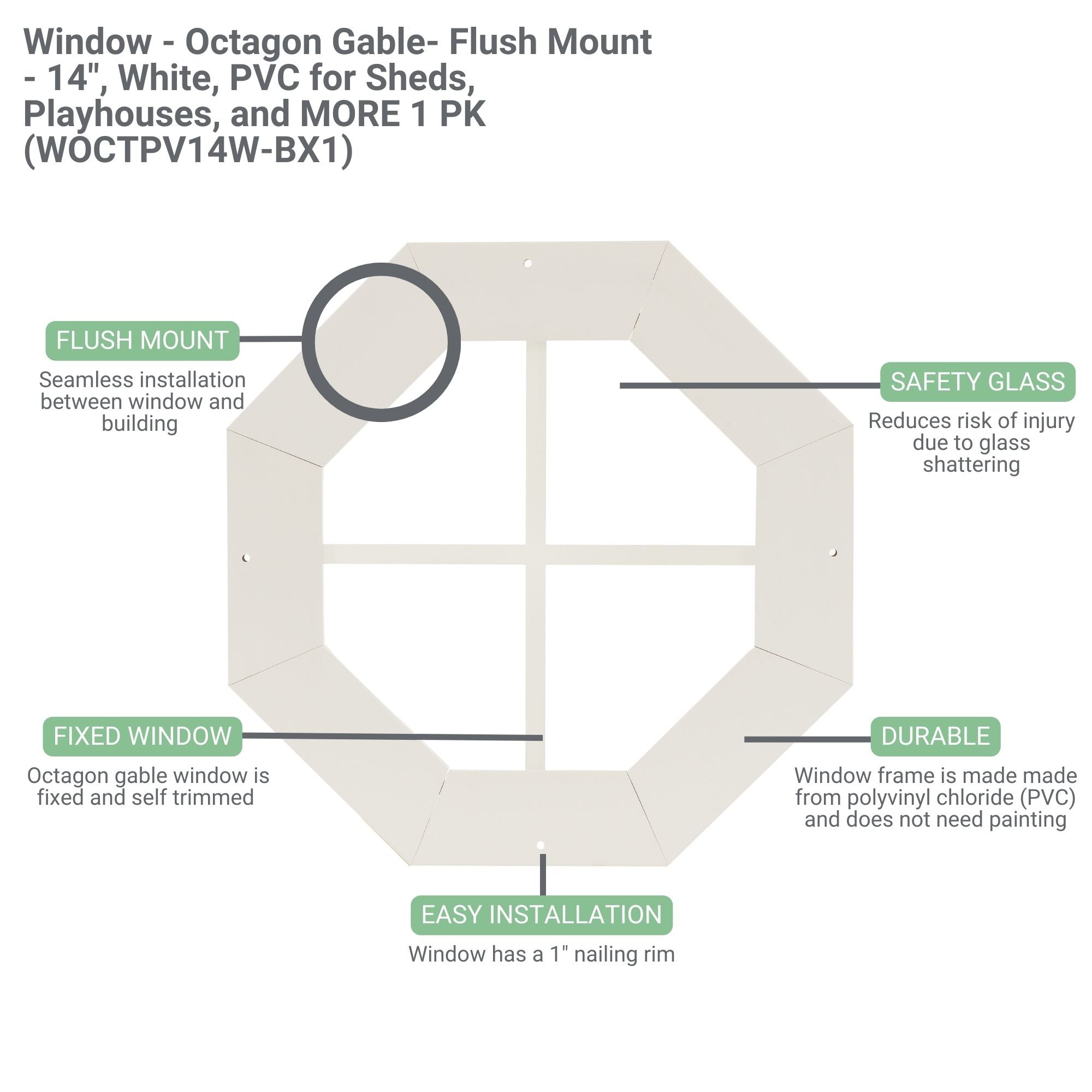 14" Octagon Gable Flush Mount Shed Window, PVC