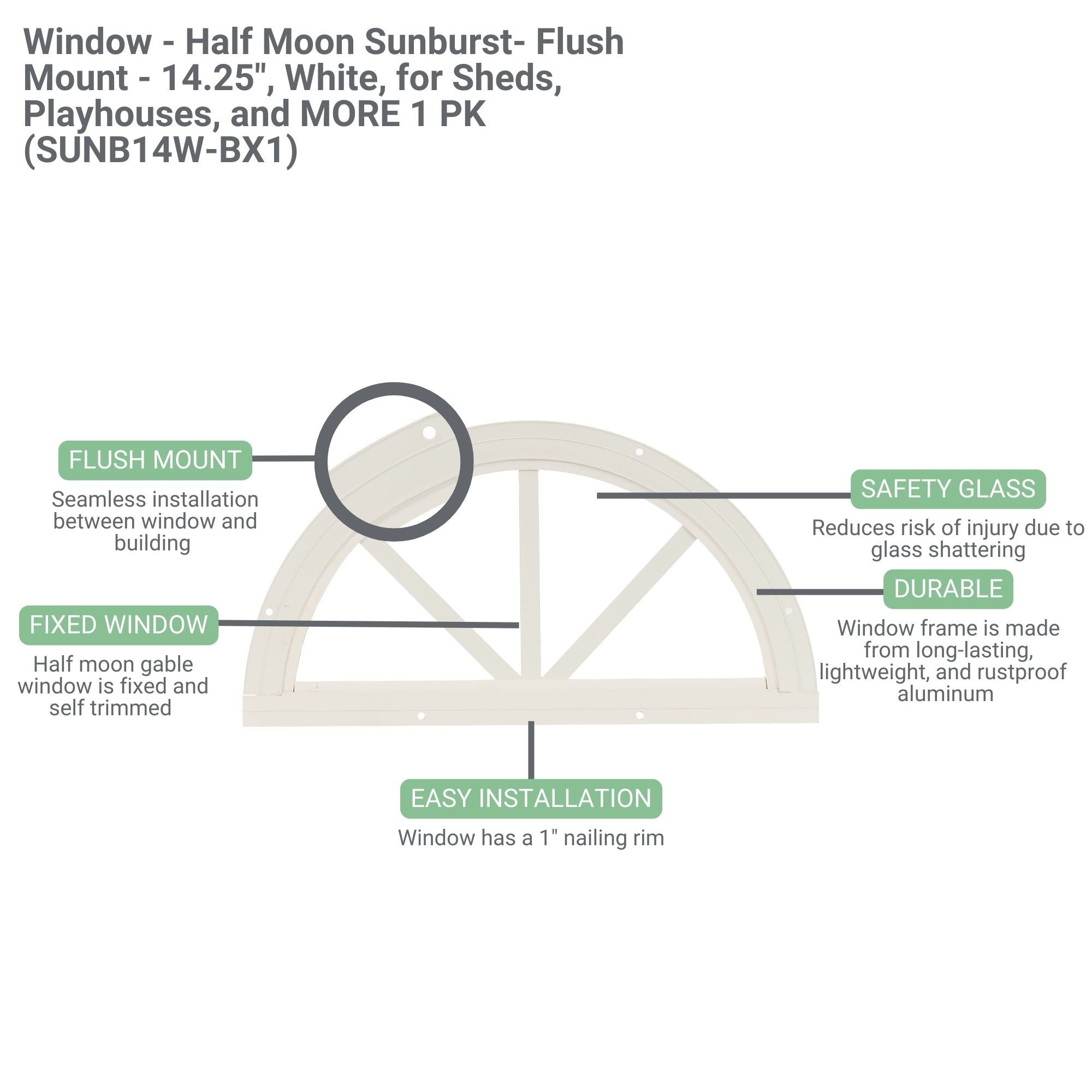 14.25" Half Moon Sunburst Flush Mount Shed Window