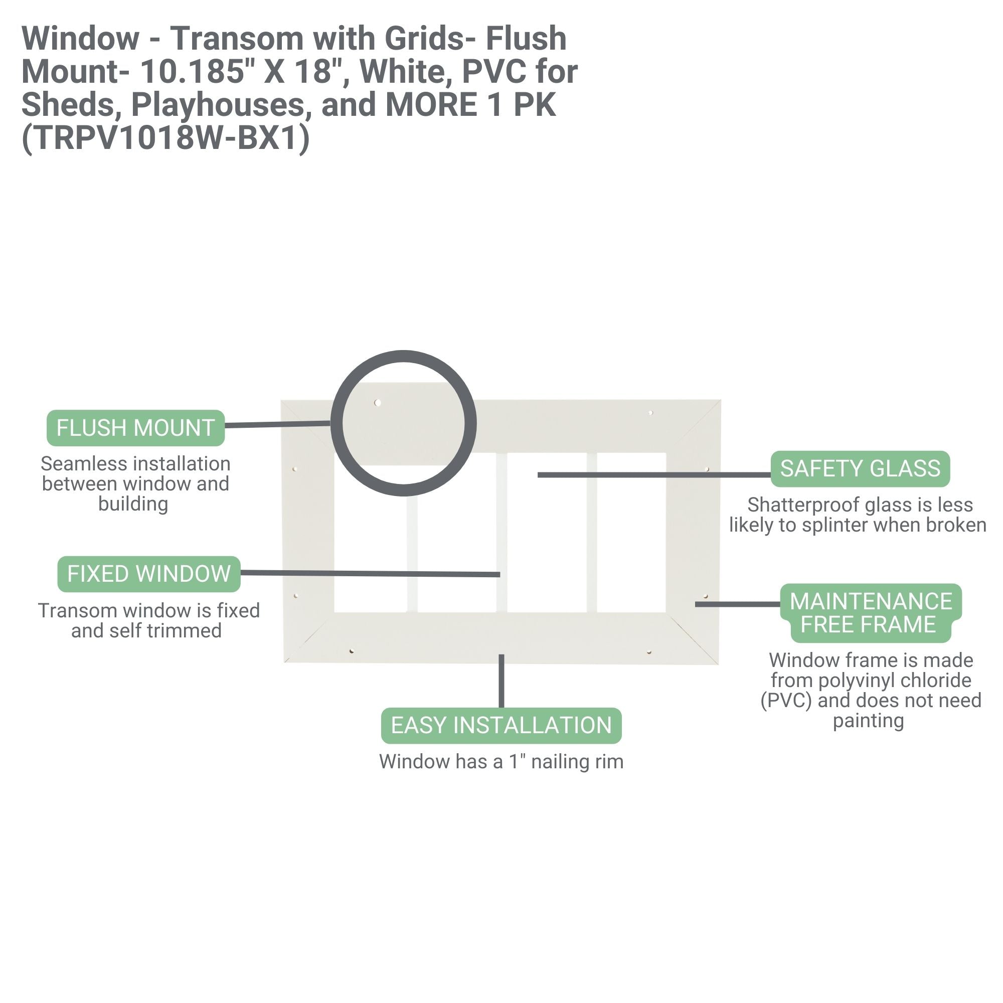 10.185" X 18" Transom Flush Mount Shed Window PVC