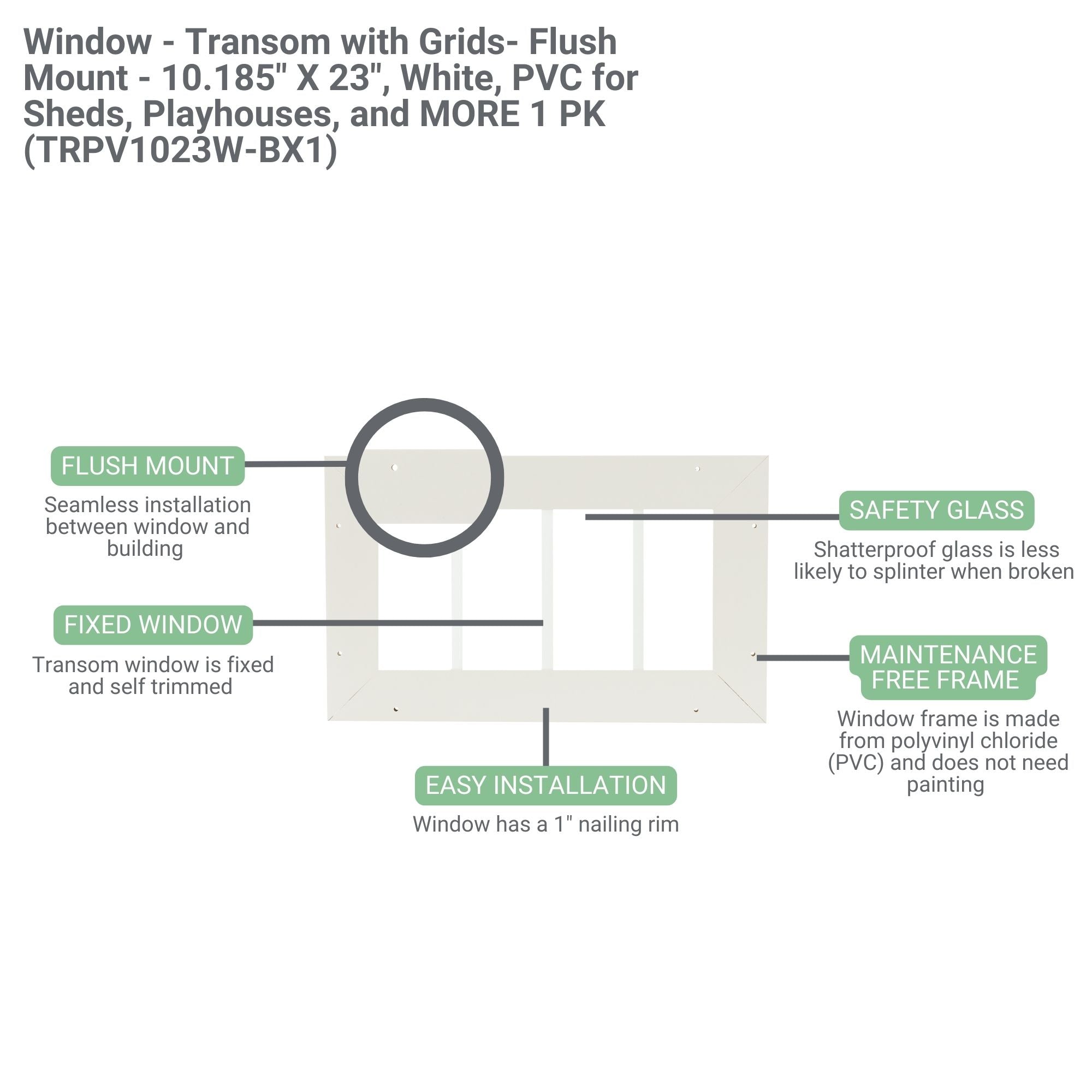 10.185" X 23" Transom Flush Mount Shed Window PVC