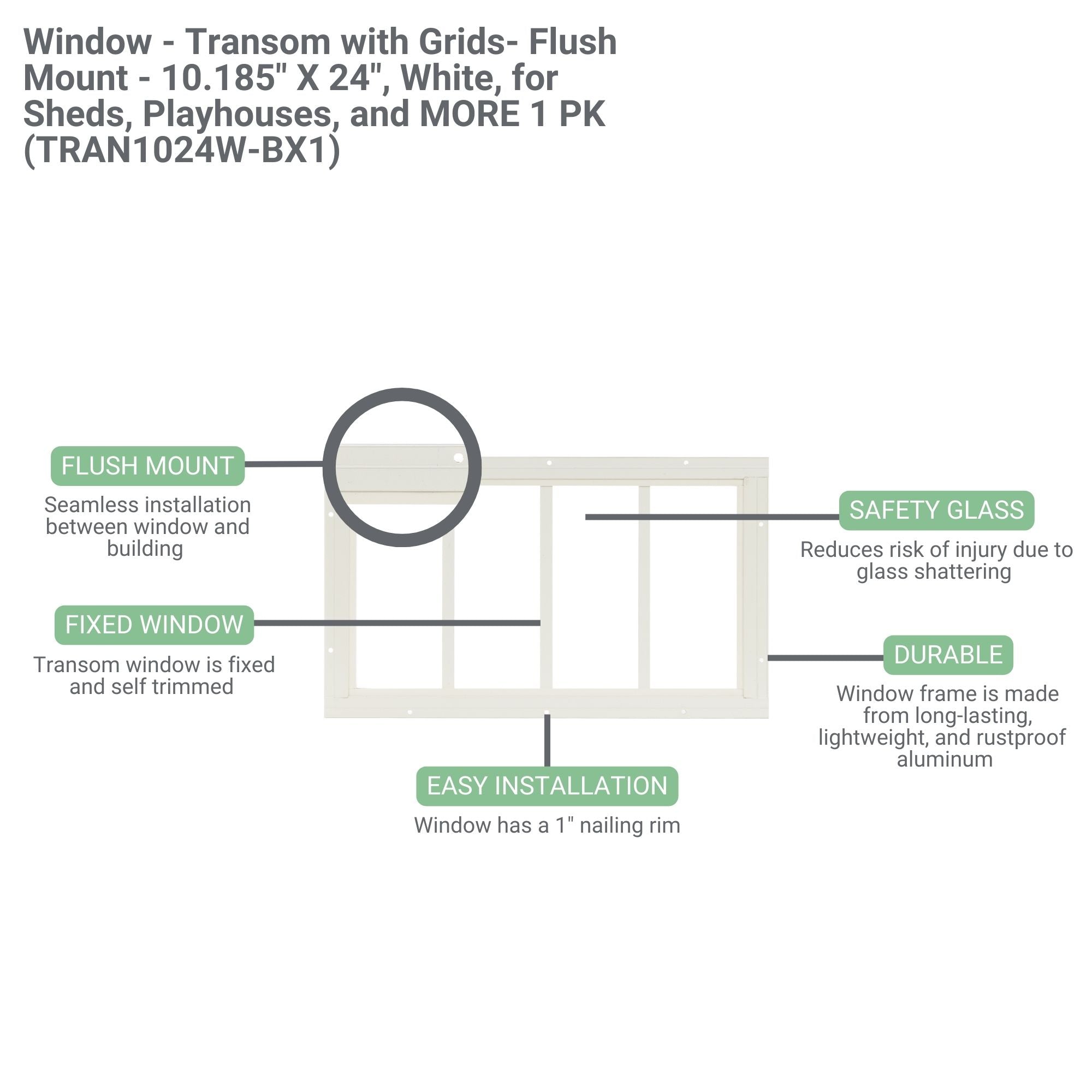 10.185" X 24" Transom Flush Mount Shed Window