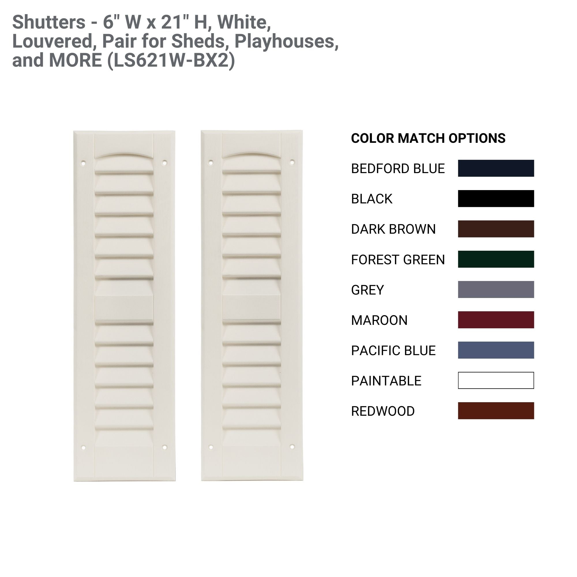 Shutters - 6" W x 21" H Louvered Shutters, 1 Pair