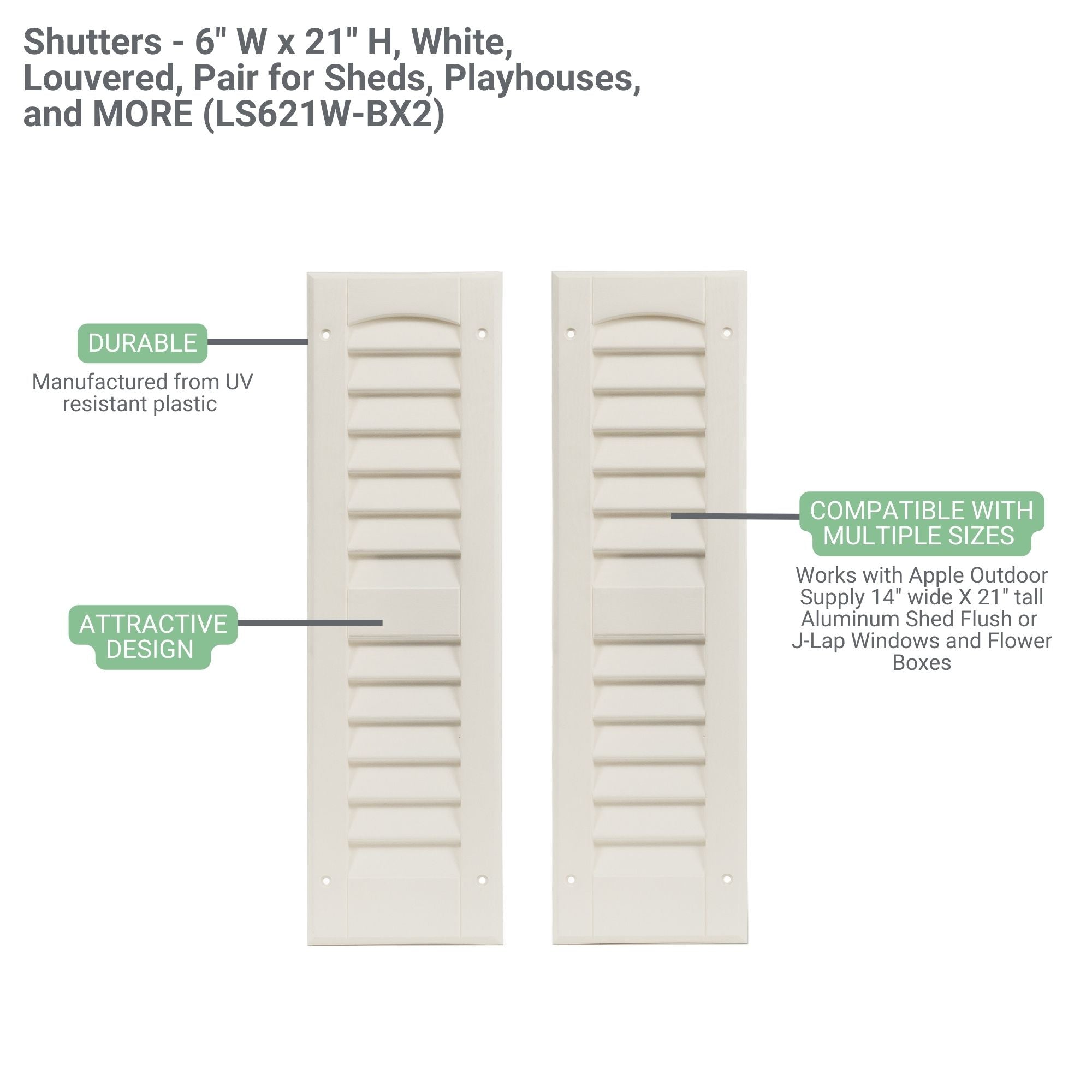 Shutters - 6" W x 21" H Louvered Shutters, 1 Pair