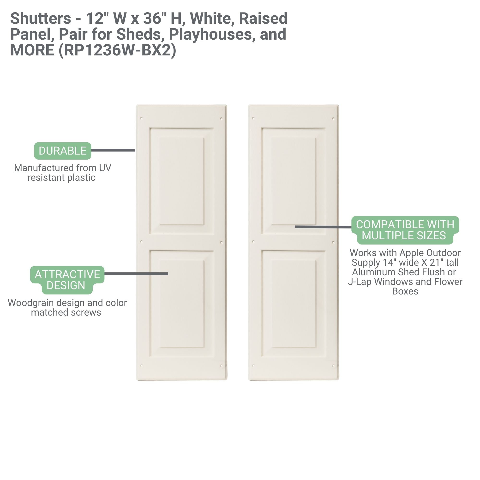 Shutters - 12" W x 36" H Raised Panel Shutters, Paintable 1 Pair