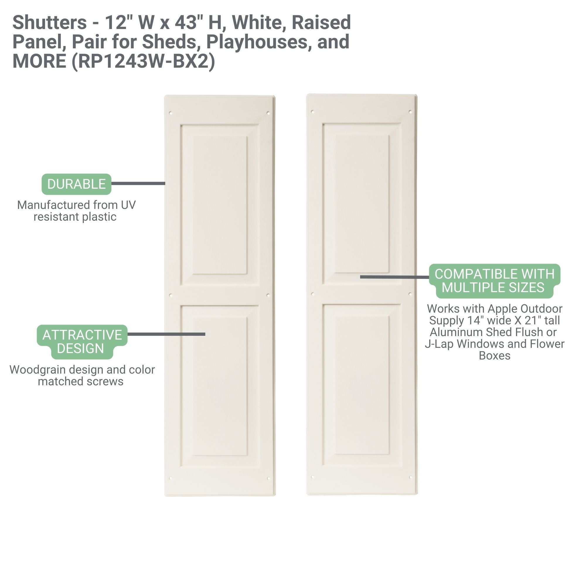 Shutters - 12" W x 43" H Raised Panel Shutters, Paintable 1 Pair