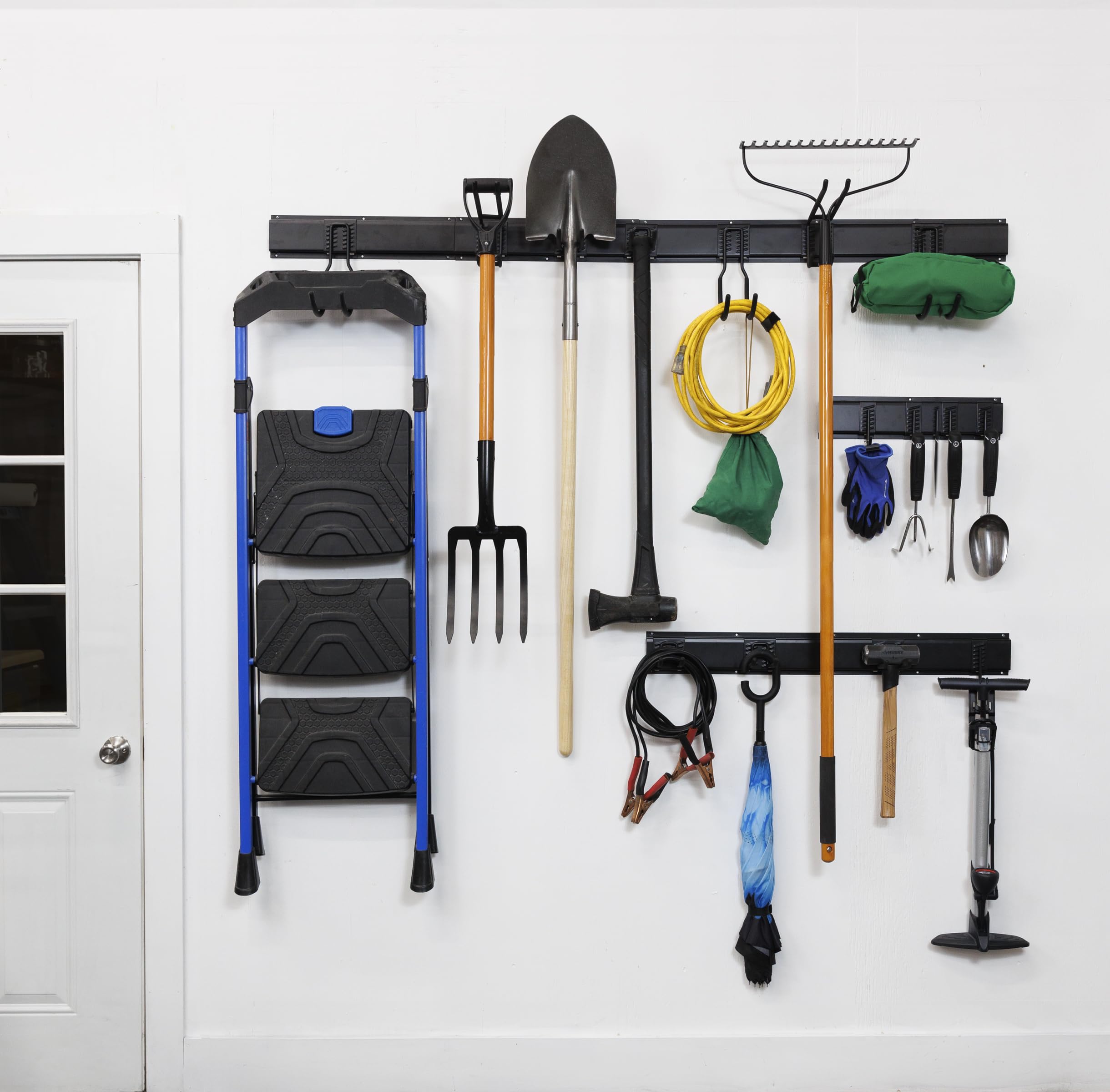 Garden Tool Organization Wall Mounted Storage System, Adjustable, Black Heavy Duty for for Sheds, Garages, and Utility Rooms, 22 PCs: 7 Rails+ 15 Hooks; 1 Set per Box (GTWSS22BLK-BX1)