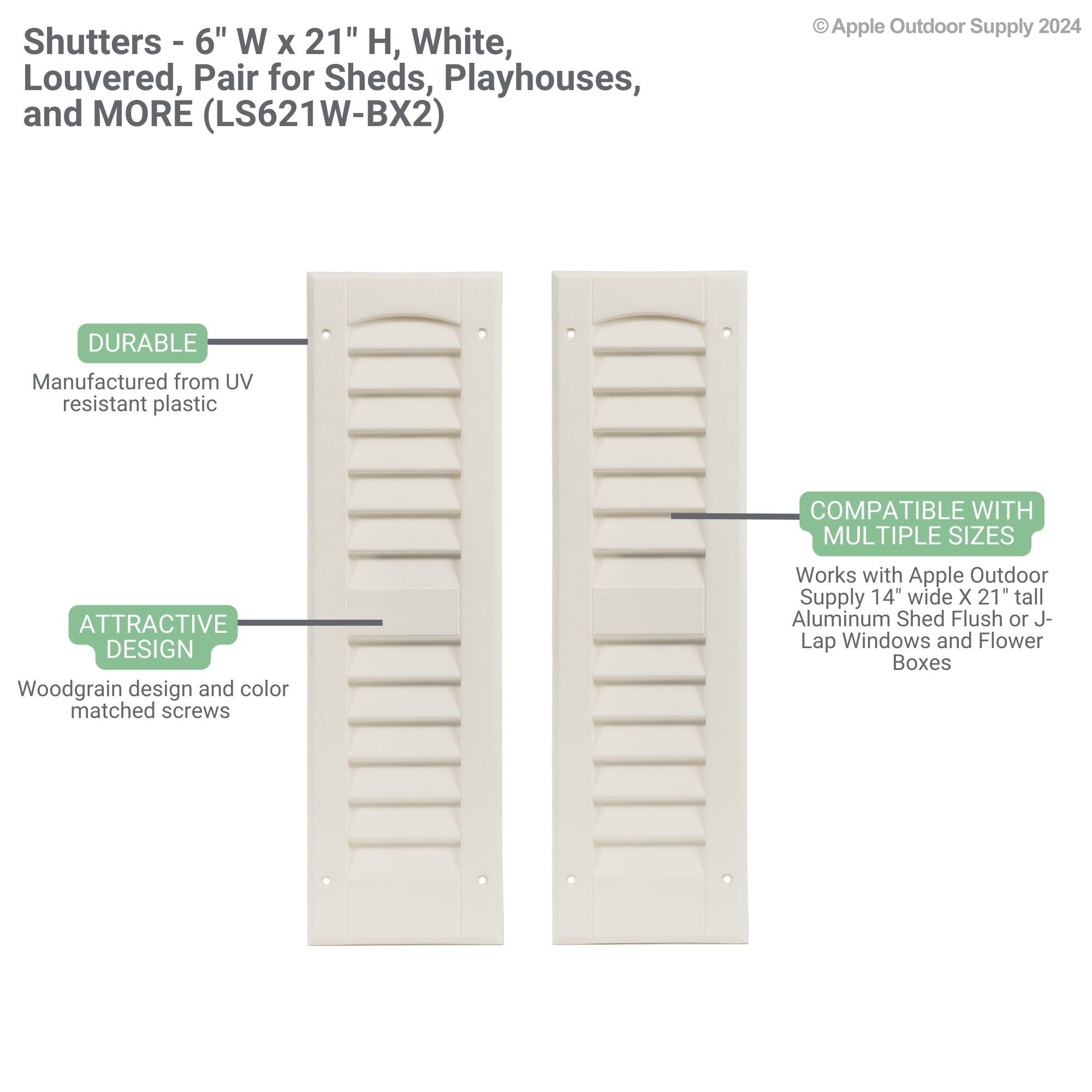 Shutters - 6" W x 21" H Louvered Shutters, Paintable 1 Pair