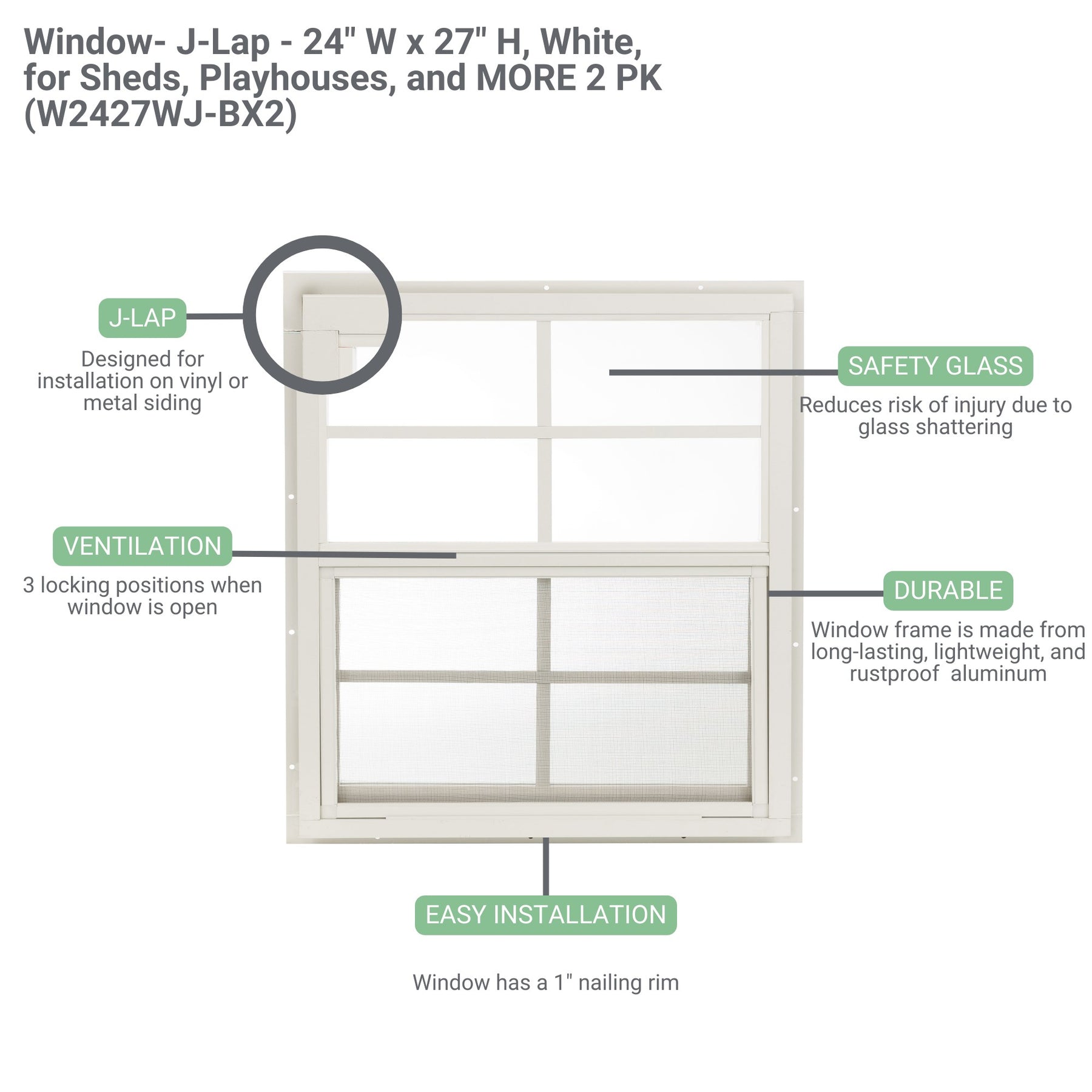 24" W x 27" H Flush Mount Shed Window, 2 PK